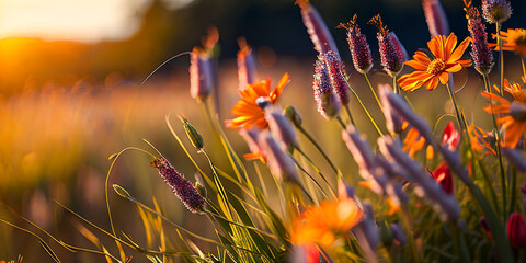 AI generated illustration of colorful grassy field in sunlight for background.
