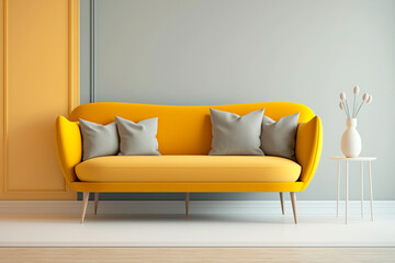 Horizontal space with bright mockup empty wall. clair gray paint color of wall, yellow sofa, Living room in modern design interior home. Generative AI