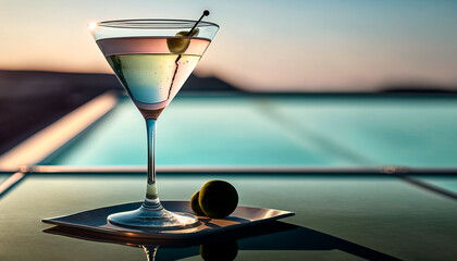 Elegant cocktail martini tonic on the pool deck.   Generative AI