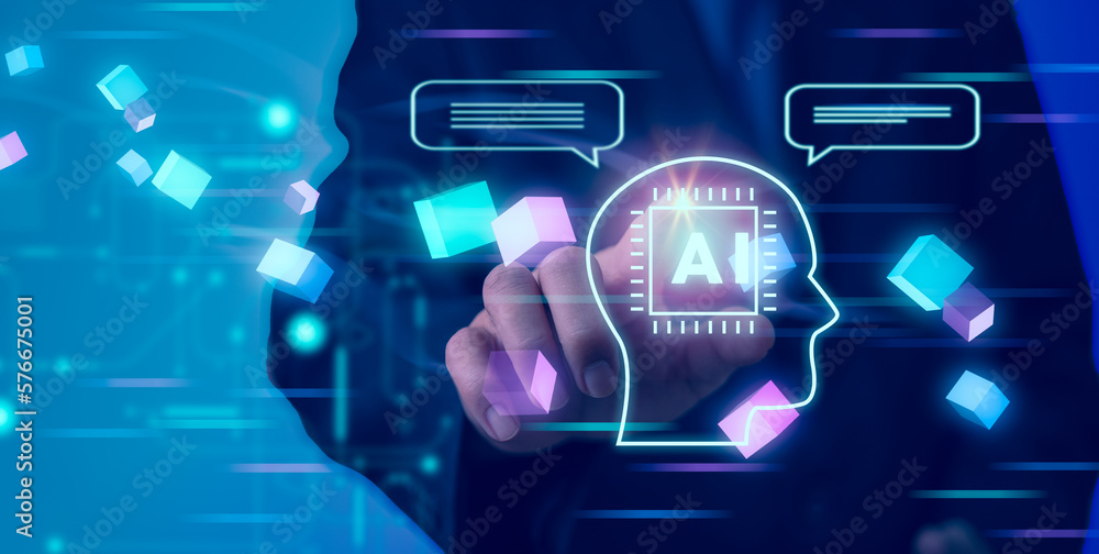 Poster chat with ai or artificial intelligence. digital chatbot, robot application, metaverse , openai gene