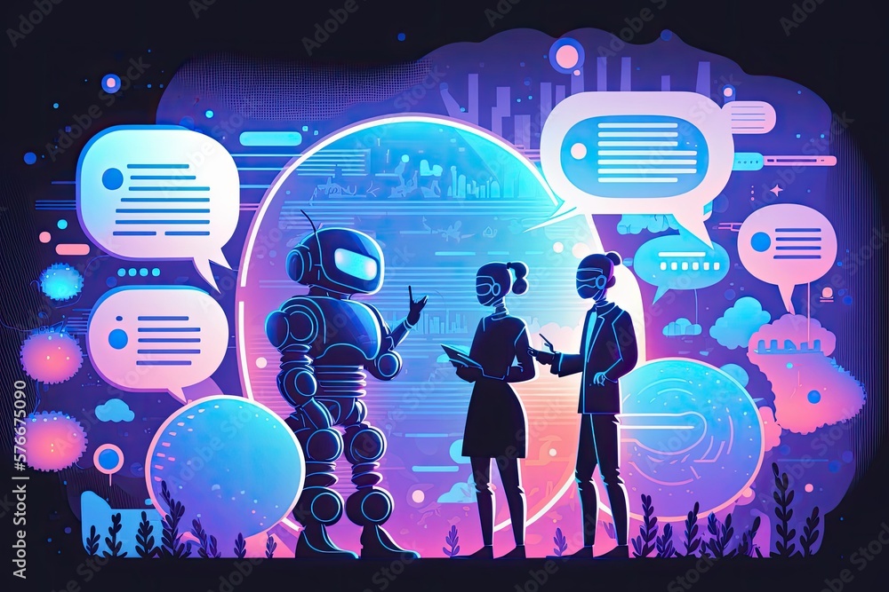Poster ai chatbot crm discussion digital world technology in futuristic cyber space metaverse background. g