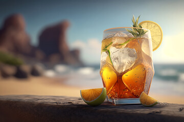 Exotic refreshing cocktail in glass on beach on seashore on sunny day, drink with lime and straw close-up. Vacation, relaxation concept. Generative AI.
