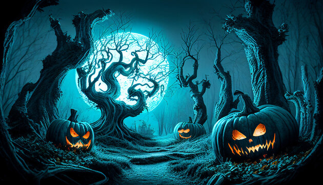 Halloween jack-o-lantern illuminated pumpkins in a spooky magical enchanted forest full of ghostly horror on October 31st in the autumn fall, computer Generative AI stock illustration image