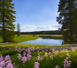 Spring meadows by a lake with colorful flowers in Scandinavia, high detail digital art, generative ai