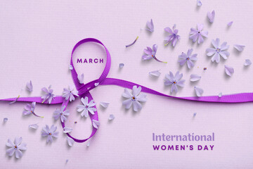 Greeting card for Women's day march 8, number eight from a purple ribbon and lavender flower on a...