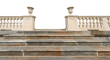 Closeup of a marble stairway and a white balustrade isolated on white or transparent background,...
