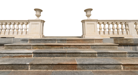 Closeup of a marble stairway and a white balustrade isolated on white or transparent background, Italy, Europe. Png.