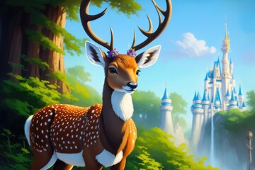 The deer standing in the forest. Colorful magic deer, cartoon style painting. Generative ai art illustration