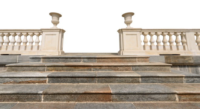 Closeup of a marble stairway and a white balustrade isolated on white or transparent background, Italy, Europe. Png.