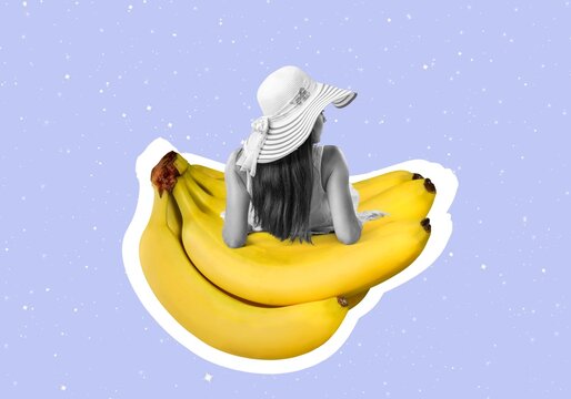 Creative  collage of relaxed person lying on big bananas