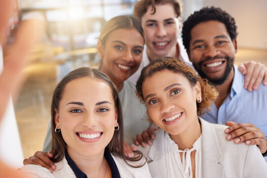 Selfie, group portrait and business people in social media post, online diversity promotion and business photography. Happy professional friends, career influencer or gen z staff in a profile picture