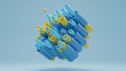 3d rendering of an array of yellow and blue tubes of different diameters. Tubes and balls in strict order. Beautiful illustration of a telescopic structure.