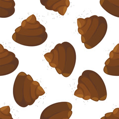 Seamless pattern with kawaii poop on white background. Cartoon poo, feces icons. Shit patterns, evil turd. Vector illustration for invitation, poster, card, fabric, textile. Doodle style