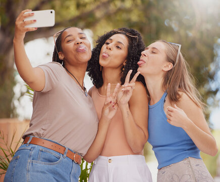 Selfie, girl friends and peace sign of students together with travel and freedom with diversity. Female, happiness and happy summer vacation taking a social media profile picture in park on holiday