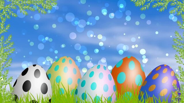 big dotted eggs animation on blue sky background and waving leafs