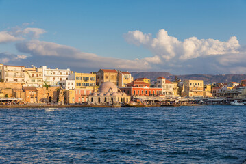 Fototapeta na wymiar harbor of Chania town from sea, Crete, Greece
