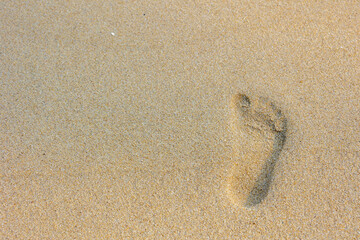 Fototapeta na wymiar Selective focus of one single footprints on the right hand side with free copy space, Human feet walked on the very fine sand beach, Sand surface texture, Nature background.
