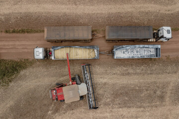 drone view of a red tractor in a soy field and truck 