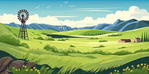 Foto op Plexiglas Green prairies of North America scene, Cartoon vector illustration - AI generative © Giordano Aita