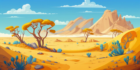Illustration of a desert landscape with golden sand dunes and stones under blue cloudy sky - AI generative