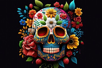 Day of the Dead sugar skull in the traditional Calavera style, with colorful flowers. Generative AI