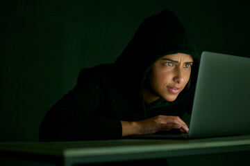 Indian woman, hacker and mockup of banking and database web fraud with crypto data. Programmer,...