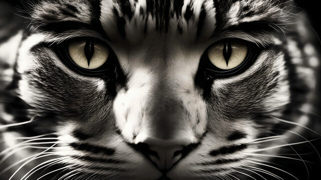 closeup of beautiful cat face with scary hypnotizing and interresting eyes, generative AI