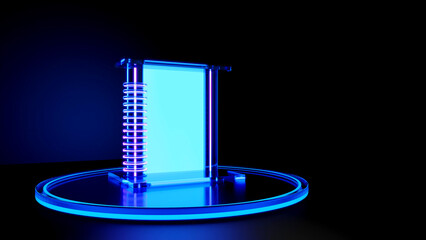 Transparent acrylic template with blue neon lights 3D rendering.