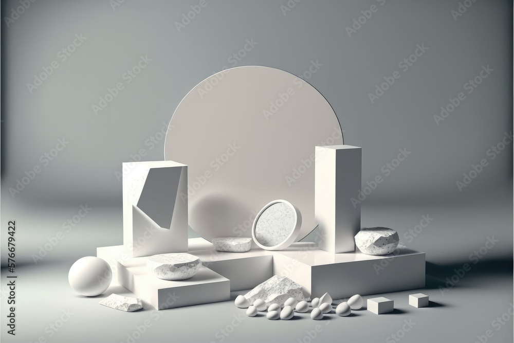 Poster 3d render of abstract minimal geometric forms. glossy white podium for product presentation
