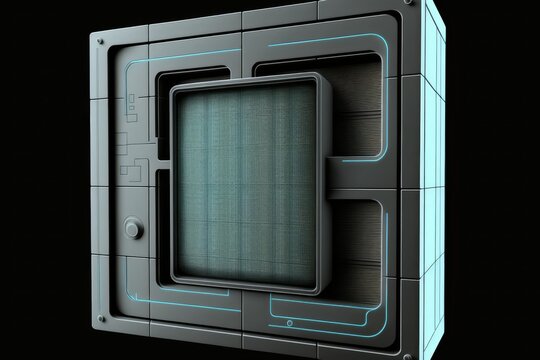 A grey black background with white grid space lines serves as the color surface of an empty, futuristic digital box chamber. Cyber infrastructure networks. flag, cover, landscape, terrain, science fic