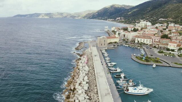 Aerial view of boats docked in the harbour, Acciaroli, Salerno, Campania, Italy.