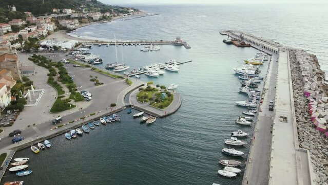 Aerial view of boats docked in the harbour, Acciaroli, Salerno, Campania, Italy.