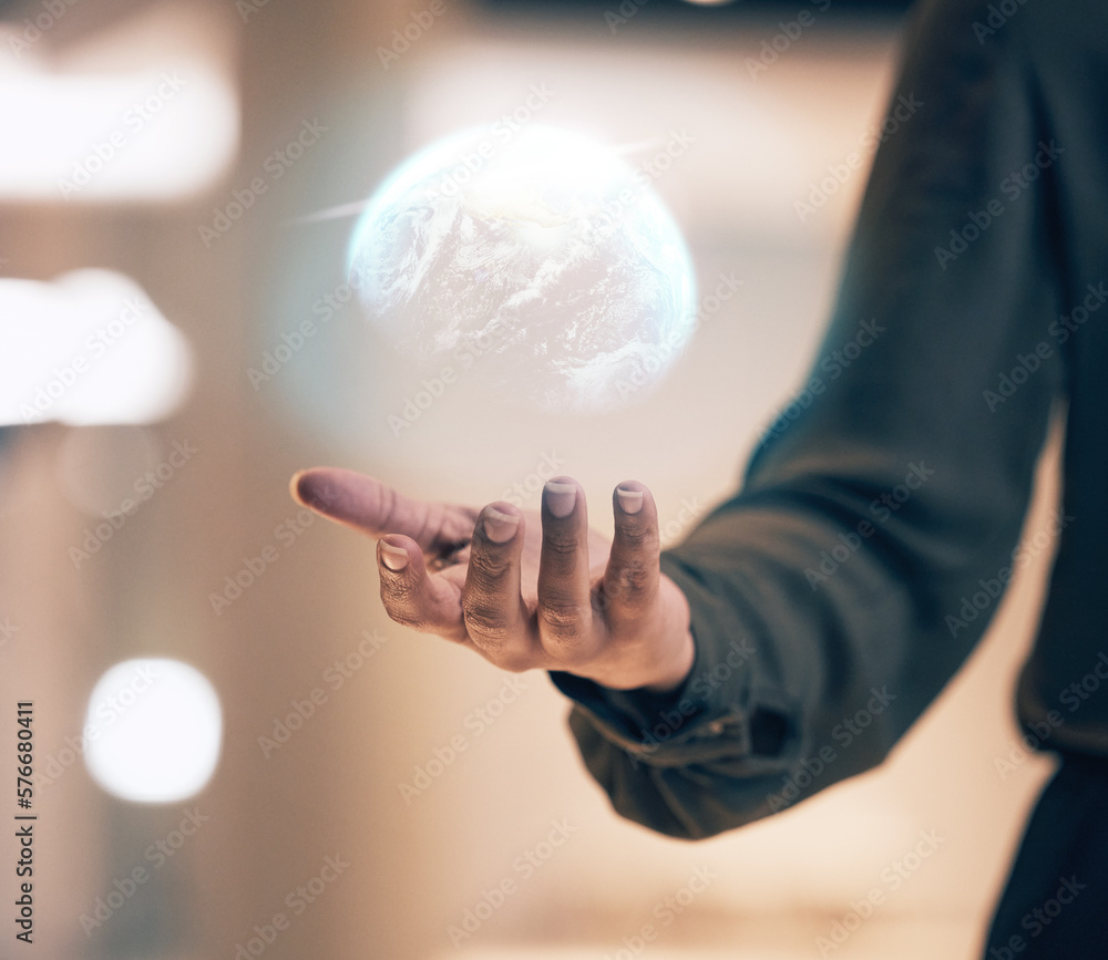 Poster globe, hologram and person hands for global networking, digital world overlay and futuristic busines