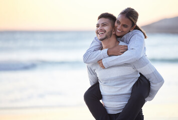 Love, relax and beach with couple and piggy back for support, bonding and affectionate. Summer break, travel and happiness with man and carrying woman for wellness, quality time and vacation trip