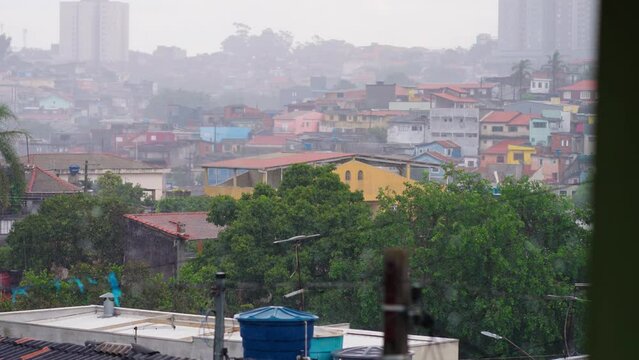 Poor Urban Residential Neighborhood In Sao Paulo. Rainy Day
