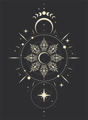 Mystical drawing of the sun , tarot cards, boho illustration, magic card. Vector hand drawing