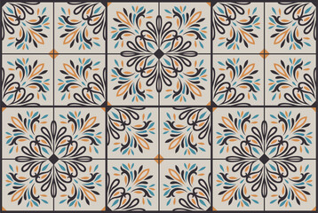 Seamless patchwork tile with Islam, Arabic, Indian, ottoman motifs. Majolica pottery tile. Portuguese and Spain decor. Ceramic tile in talavera style. Vector illustration.
