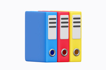 3d Archive folders for paper documents storage organization. Blue, red and yellow documents. Isolated 3d object on a white background