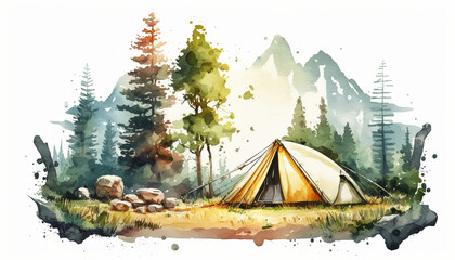 Hiking in the Wilds, camping in a tent - Watercolor - Generative AI Art