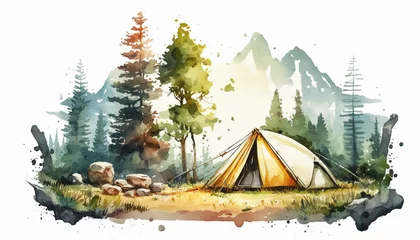 Papier Peint photo Camping Hiking in the Wilds, camping in a tent - Watercolor - Generative AI Art