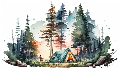 Foto op Plexiglas Hiking in the Wilds, camping in a tent - Watercolor - Generative AI Art © Nehekharan
