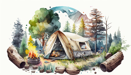 Hiking in the Wilds, camping in a tent - Watercolor - Generative AI Art