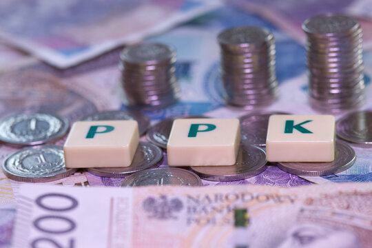 PPK ( Pracownicze Plany Kapitałowe letters on polish zloty banknotes. PPK is a Employee Capital Plans private savings retirement plan in Poland contributed to by the employer and the state. 