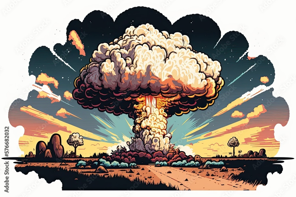 Poster a mushroom cloud caused by a nuclear explosion. illustration created using many mediums. generative 