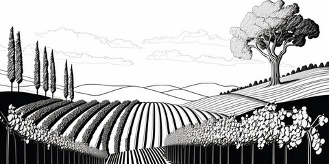 Vineyard with rows of grape vines. simple line drawing illustration style. Generative ai