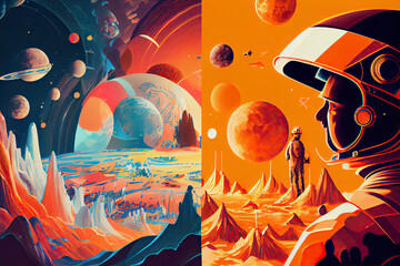 1960s-1970s Retro Style Space Illustrations. Psychedelic Style