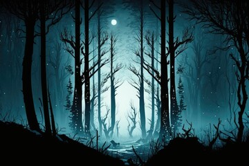 Dark and foreboding woods in the dead of winter, when fog and snow blanket the trees. Excellently dramatic ambiance. Generative AI
