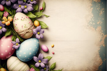 Obraz na płótnie Canvas Easter holiday photorealistic wallpaper/banner with faded colors and copyspace generative ai