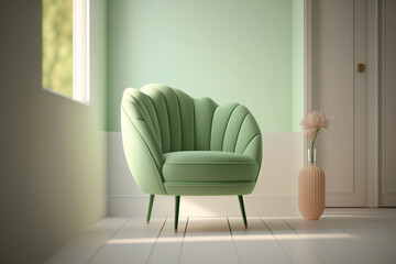 Minimalist light green chair in a light modern eco interior. Generative AI