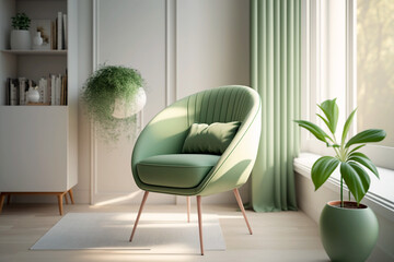 Minimalist light green chair in a light modern eco interior. Generative AI
